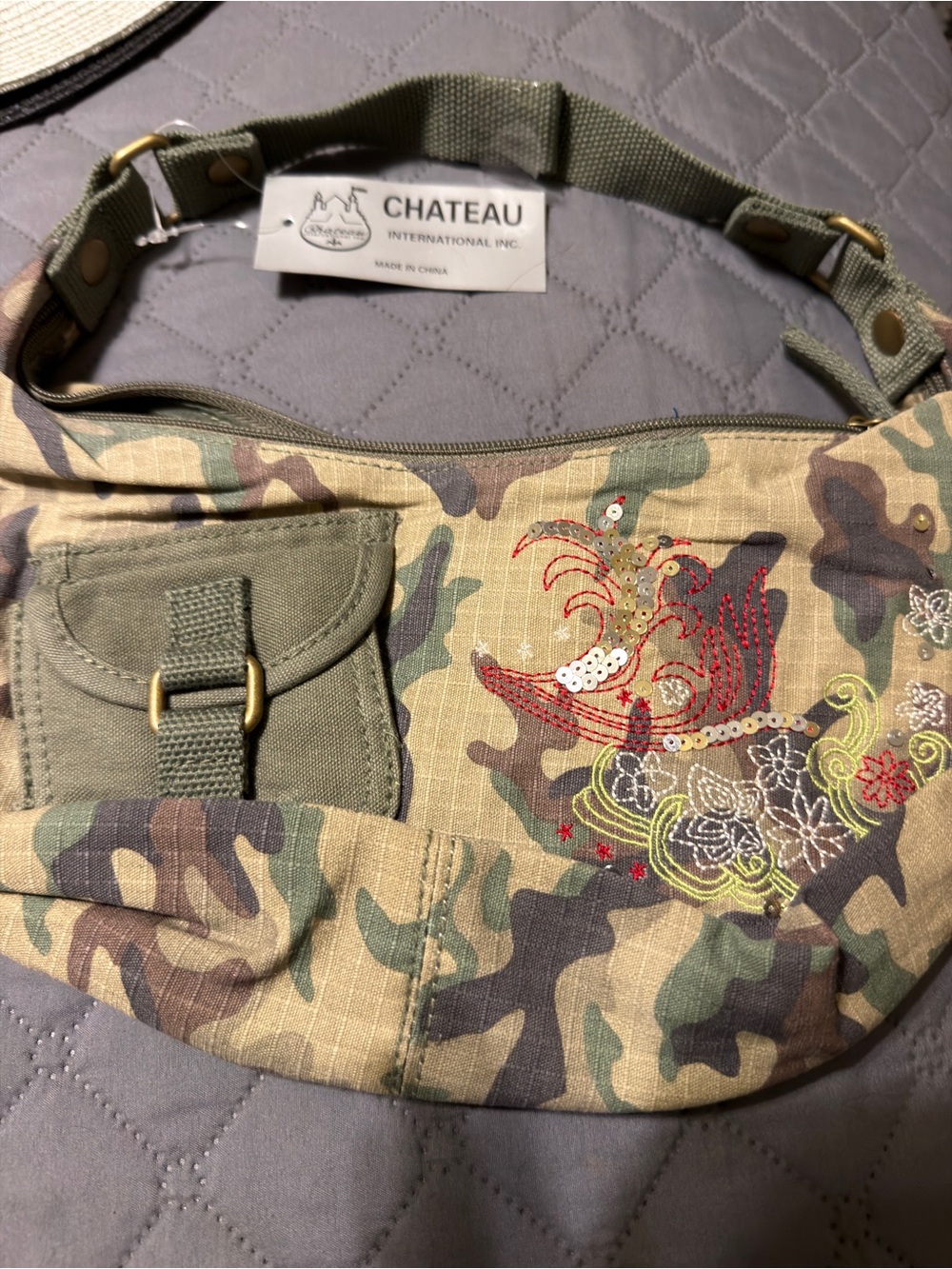 Chateau International Camo Embroidered Sequin mini Hobo Shoulder Bag Y2K NWT